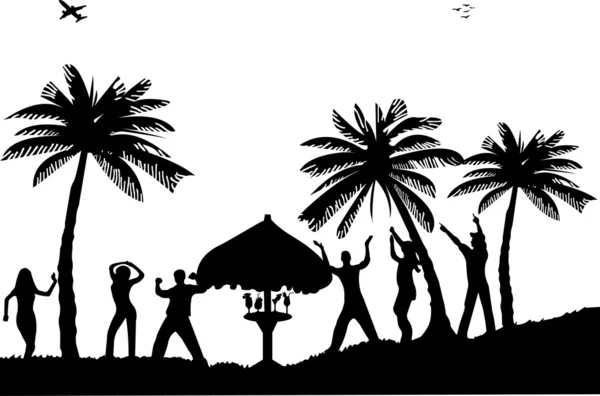 Ballerini, ragazze e ragazzi sulla spiaggia al tramonto godendo di una silhouette da cocktail di festa — Vettoriale Stock
