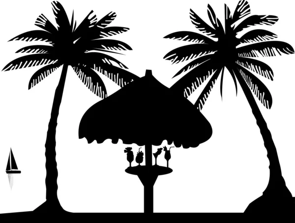 Cocktail beber suco de frutas na praia sob o guarda-sol entre a silhueta das palmas — Vetor de Stock
