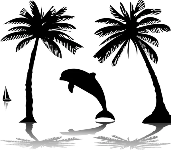 Silhouette del delfino che salta attraverso un'onda sull'isola tra le palme — Vettoriale Stock