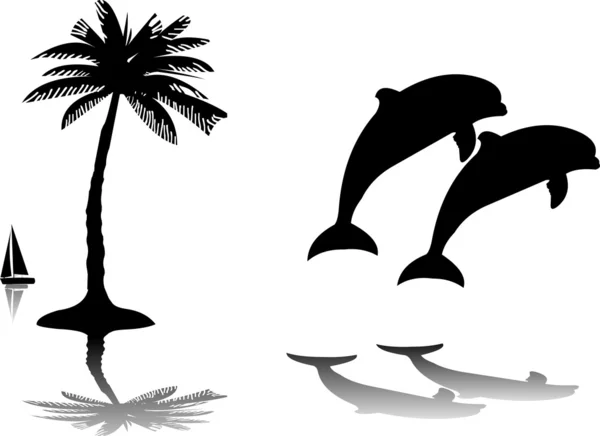 Silhouette of the dolphins jumping through a wave on island next to the palm — Stock Vector