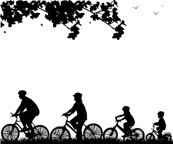 Passeio de bicicleta familiar no parque na silhueta de primavera — Vetor de Stock