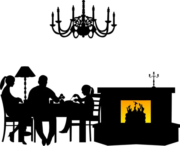 Famille ayant leur dîner à la table à côté de la cheminée dans le restaurant ou la salle à manger silhouette — Image vectorielle