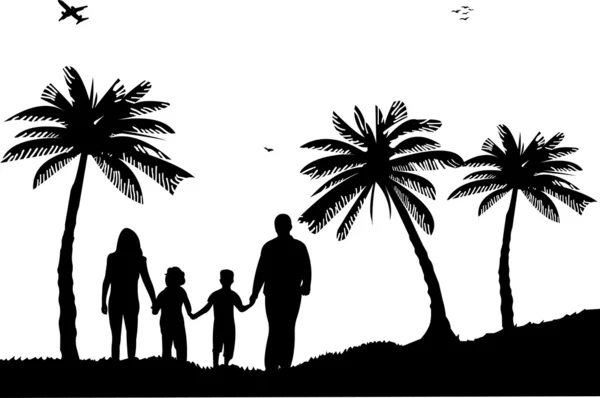 Família caminhando na praia entre a silhueta das palmas — Vetor de Stock