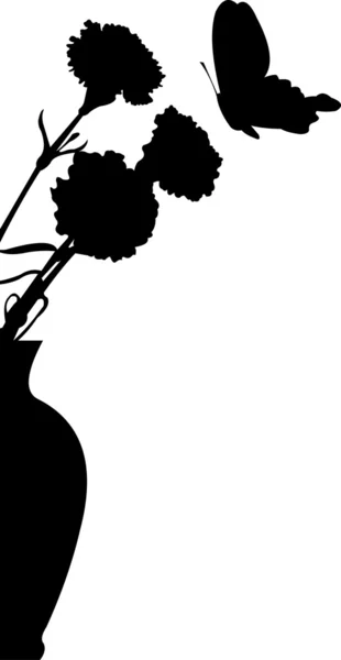 Garofani di fiori in vaso e farfalla silhouette volante — Vettoriale Stock