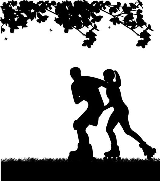 Girl and boy on roller-skates in park — Stock Vector