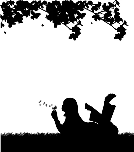 Menina soprando o dente-de-leão no parque sob a silhueta da árvore —  Vetores de Stock