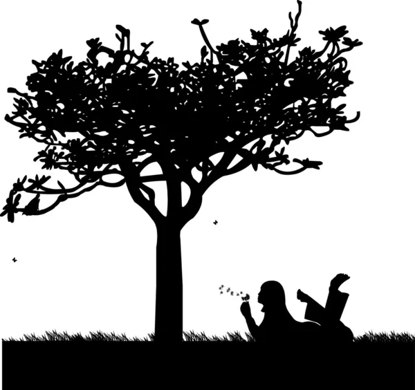 Κορίτσι, φυσώντας πικραλίδα στο πάρκο κάτω από το δέντρο — Διανυσματικό Αρχείο