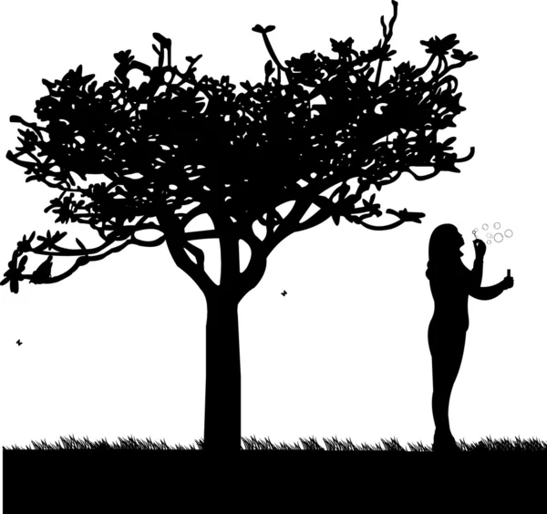 Νεαρό κορίτσι, φυσώντας σαπουνόφουσκες στο πάρκο σιλουέτα — Διανυσματικό Αρχείο