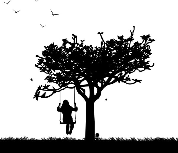 Girl on swing in park or garden in spring silhouette