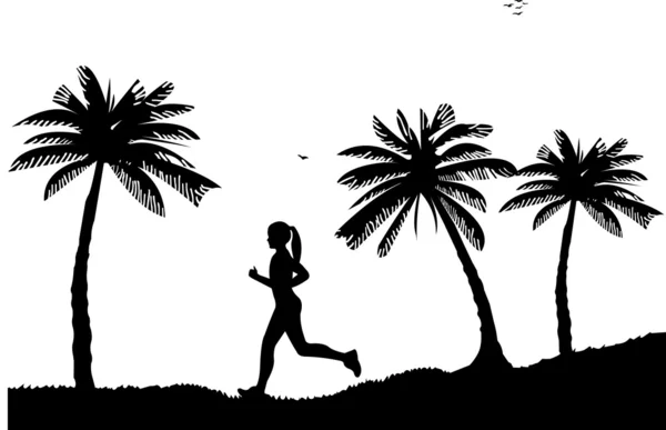 Ragazza che corre sulla costa tra le palme della spiaggia in silhouette estiva — Vettoriale Stock