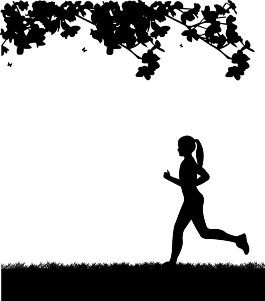 वसंत ऋतू सिल्हूट थर मध्ये उद्यानात धावत मुलगी, समान प्रतिमा मालिका एक — स्टॉक व्हेक्टर