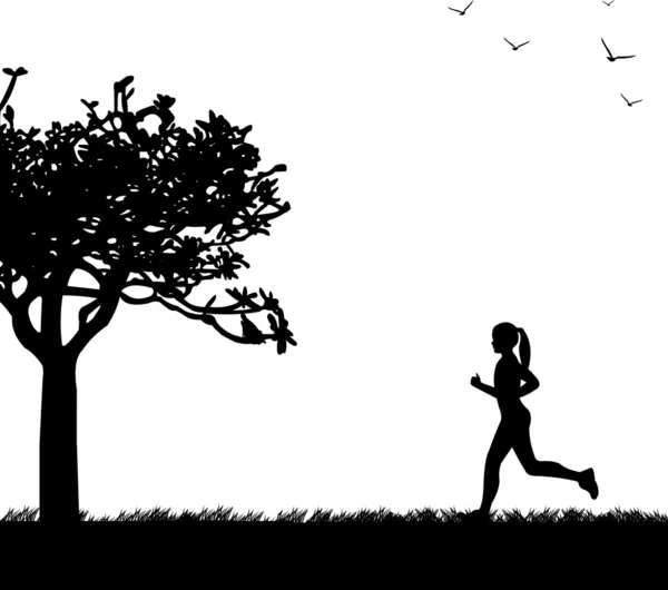 Meisje loopt in het park in het voorjaar silhouet gelaagd, een in de reeks van soortgelijke beelden — Stockvector