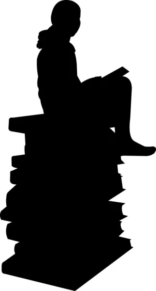 Écolière assise sur une pile de livres et d'apprendre la silhouette — Image vectorielle
