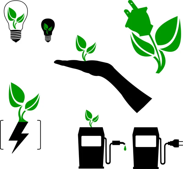 Symbole für grüne Energie, Kraftstoff und Technologie Silhouette — Stockvektor