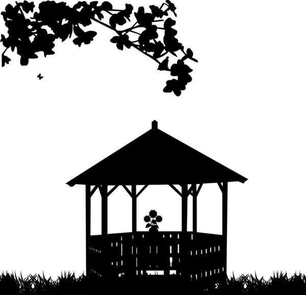 Maison d'été ou tonnelle ou gazebo dans le jardin avec silhouette florale — Image vectorielle