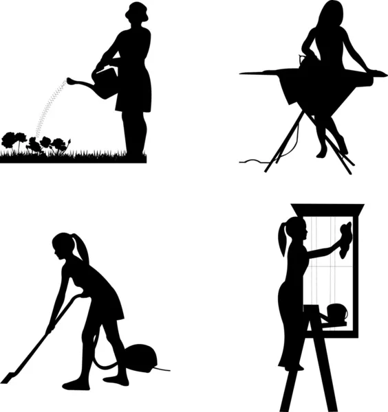 Niñas y amas de casa en diferentes silueta de las tareas domésticas — Archivo Imágenes Vectoriales