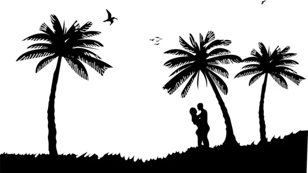 Silhouet van het paar in liefde op het strand tussen de palmbomen — Stockvector