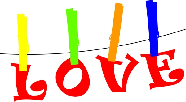 Láska karty v barvě zavěšený na laně s clothespin siluetou, vrstvený — Stockový vektor