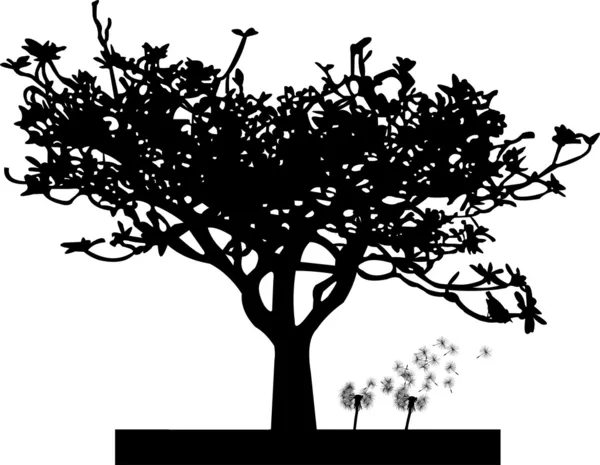 Dandelion under the tree silhouette — Stock Vector