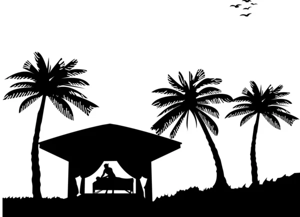 Masaje de spa en la costa entre las palmeras en la silueta de la playa — Vector de stock