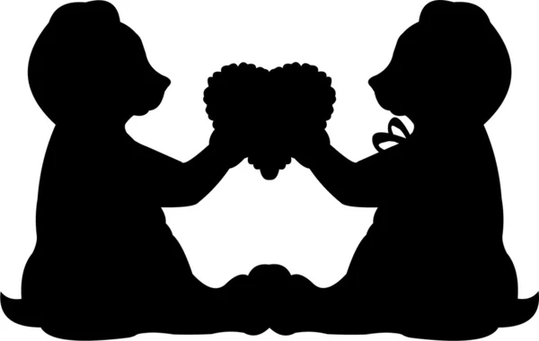 Loving couple Teddy bears with hearts silhouette — Stock Vector