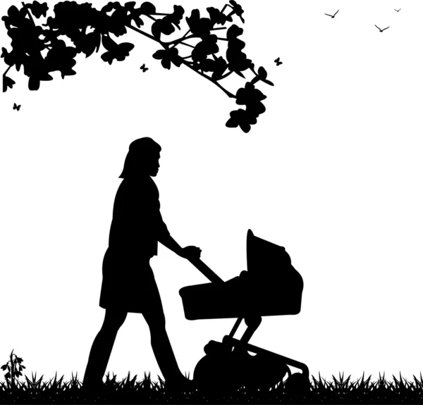 Uma jovem mãe empurrando o carrinho e passear pelo parque na silhueta da primavera — Vetor de Stock
