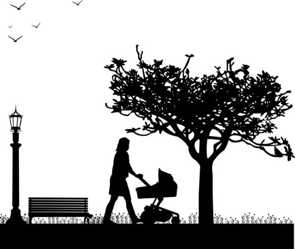 A young mother pushing the stroller and walk through the park in spring silhouette — Stock Vector