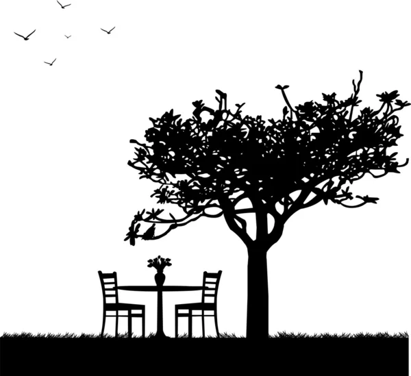 Park in het voorjaar met tabel voor twee en tulpen in een vaas onder een boom silhouet — Stockvector