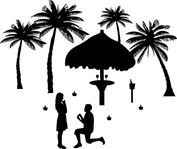 Propuesta romántica sobre la costa entre las palmeras de la playa — Vector de stock
