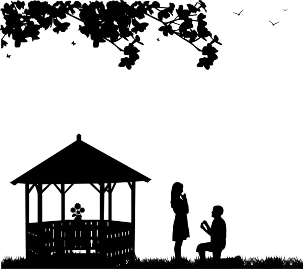 Romantischer Heiratsantrag im Park oder Garten — Stockvektor