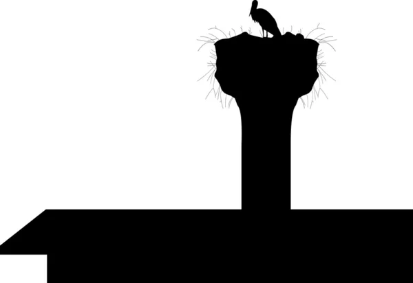 Ooievaar in het nest in de schoorsteen op het dak silhouet — Stockvector