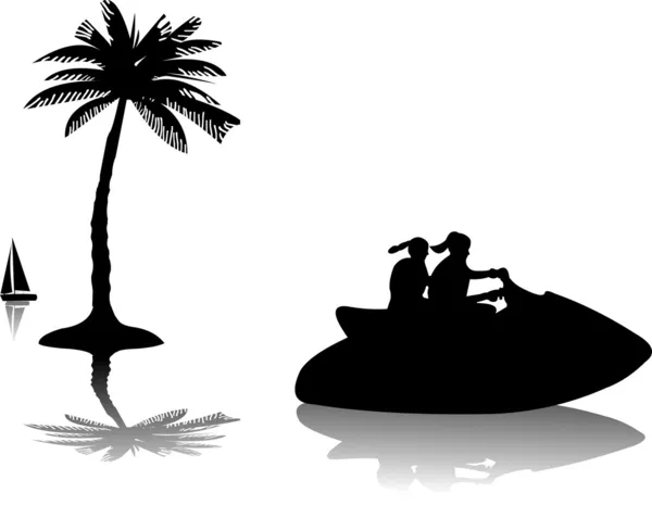Ragazze che cavalcano un jet ski sull'acqua vicino alla silhouette delle palme — Vettoriale Stock