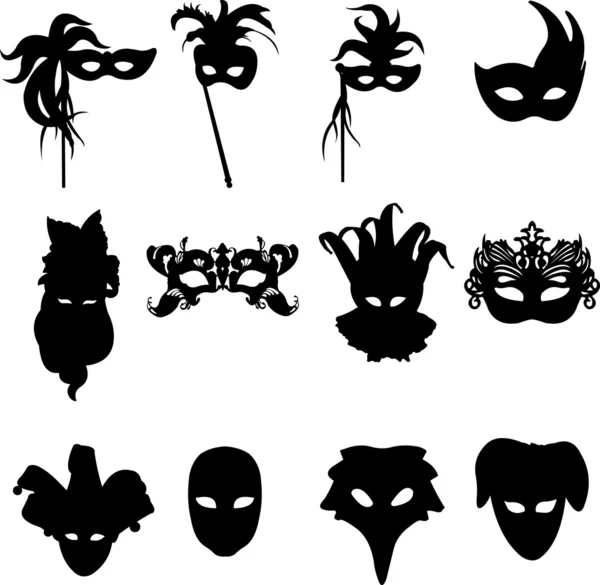 Collection de masques vénitiens carnaval fond silhouette — Image vectorielle