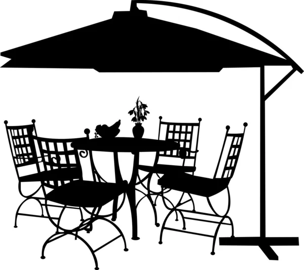 Garden furniture with bowl of fruit, bouquet snowdrops in vase and parasol silhouette — Stock Vector