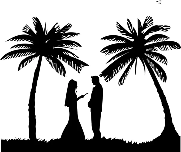 Casal de casamento, noivo e noiva no litoral entre as palmas da silhueta da praia — Vetor de Stock