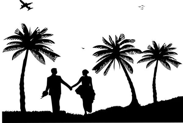 Paar, bruid en bruidegom op Zeekust tussen de palmen op de silhouet strand bruiloft — Stockvector