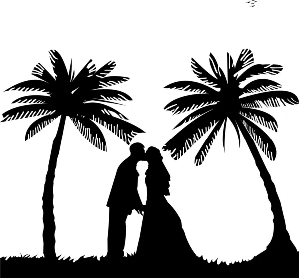 Весільна пара, наречений і наречена на морі між долонями на пляжі силует — стоковий вектор