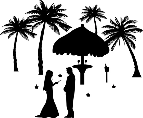 Svatební pár, ženich a nevěsta na mořského pobřeží mezi palmami na pláži silueta — Stockový vektor