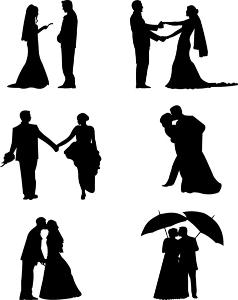 Bruiloft paren, bruidegom en een bruid in een verschillende poses silhouet — Stockvector