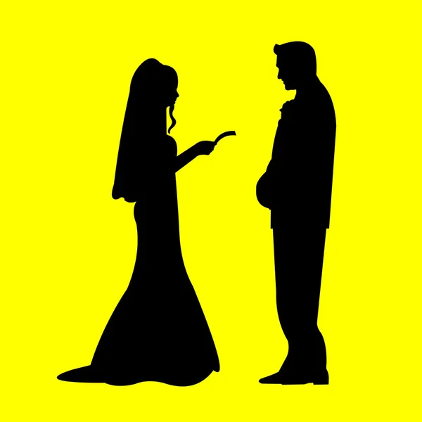 Wedding couple, groom and bride in yellow background silhouette layered, — Stock Vector