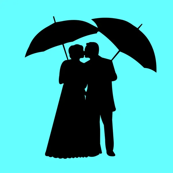 Casamento casal, recém-casado em azul silhueta de fundo em camadas — Vetor de Stock