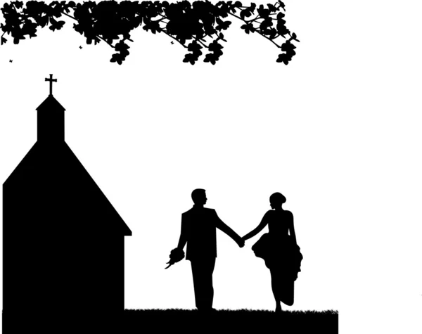 Buiten bruiloften met bruidspaar en kerk achtergrond silhouet gelaagde — Stockvector