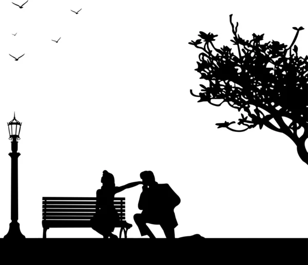 Pareja, hombre y mujer en el parque, se arrodilla y besa su silueta de mano en capas — Vector de stock