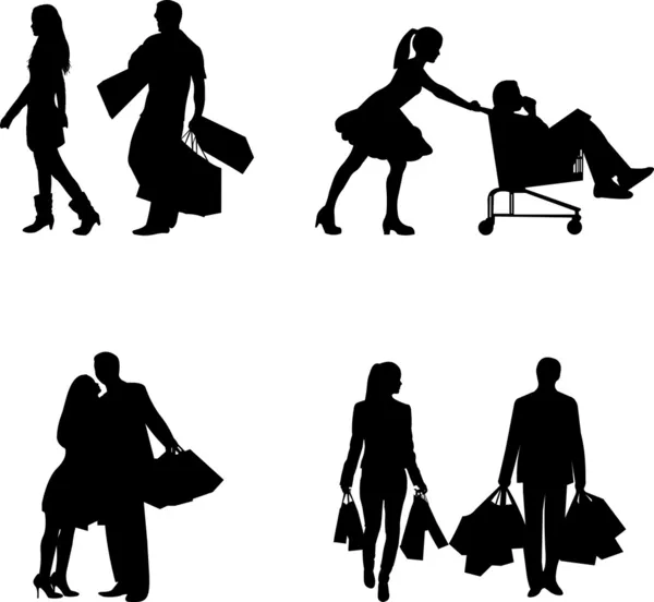 Pareja, hombre y mujer en un centro comercial con bolsas de compras en diferentes poses silueta — Archivo Imágenes Vectoriales