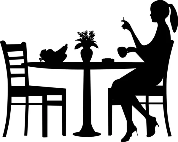 Silueta de mujer humeante con taza de café en la mesa — Vector de stock