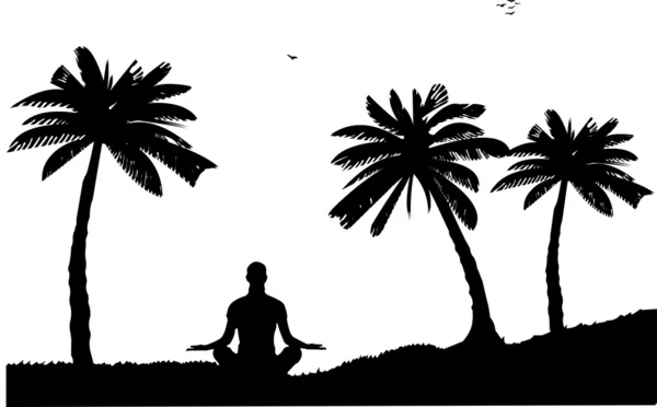 An isolated girl meditating and doing yoga exercise on seacoast between the palms — Stock Vector
