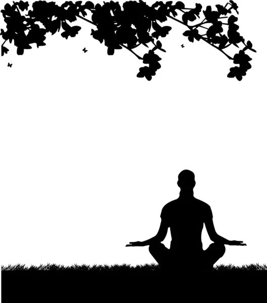 An isolated girl meditating and doing yoga exercise under the tree in park Stock Vector