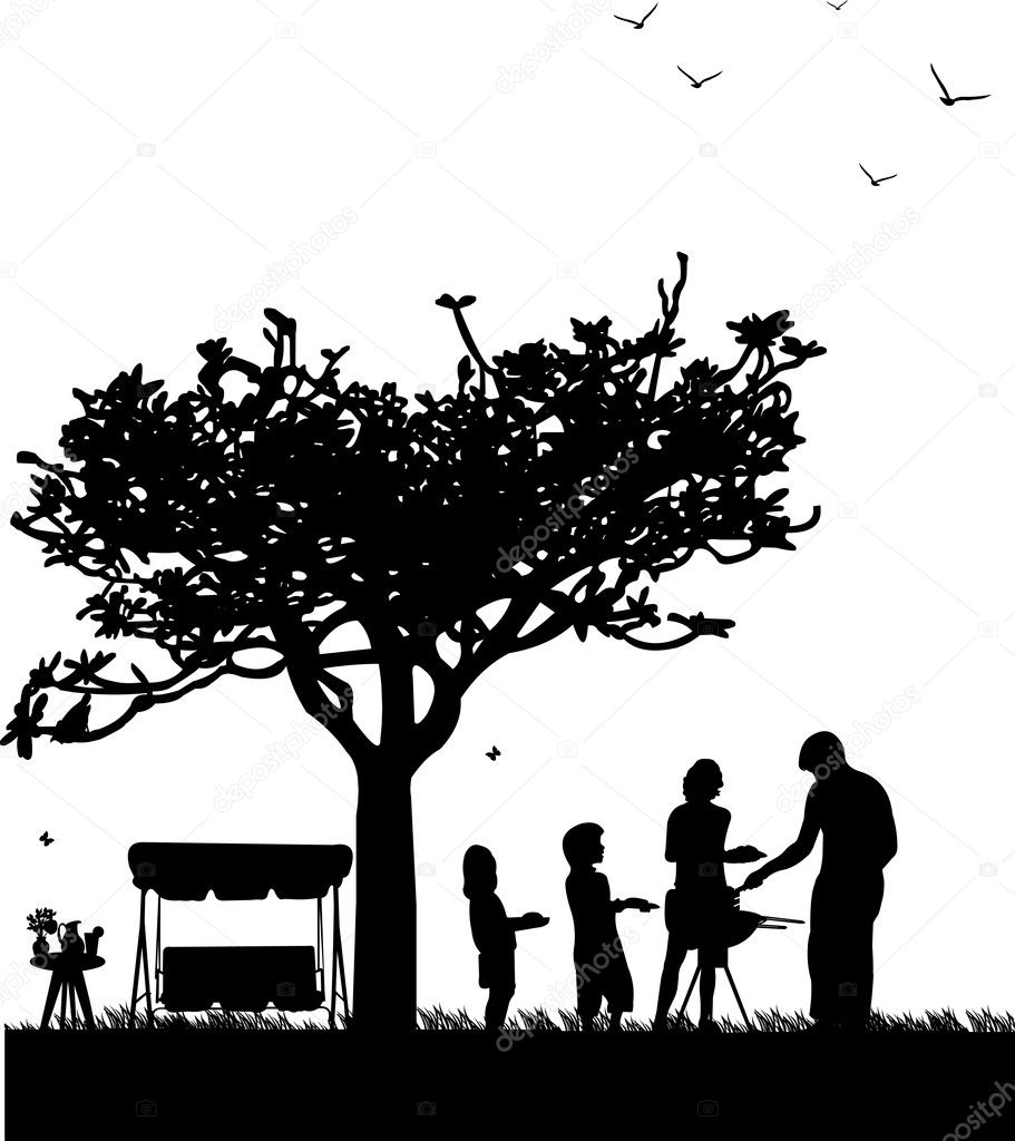Family barbecue and picnic in the garden with garden swing — Stock ...