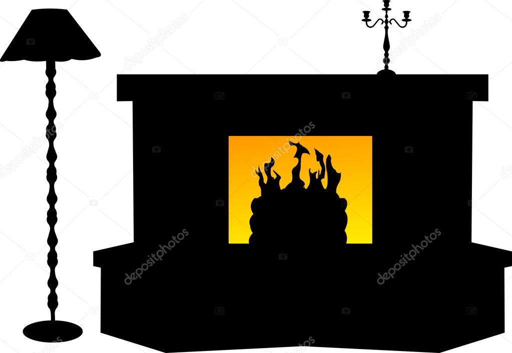 Fireplace with flame , candlestick and lamp, interior design silhouette