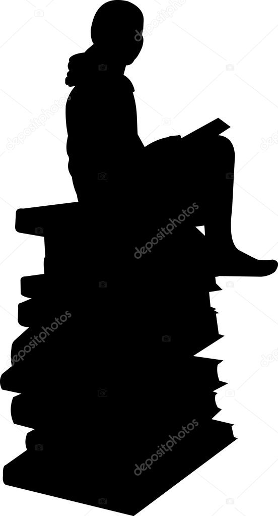 Schoolgirl sitting on a stack of books and learning silhouette